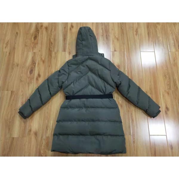 Quality Polyester Womens Long Padded Coat With Hood Belt Zips Long Puffer Fur Hood for sale