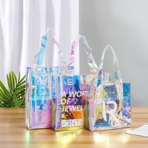 Holographic Clear Tote Bag With Leather Handle Iridescent Beach Totes Shoulder