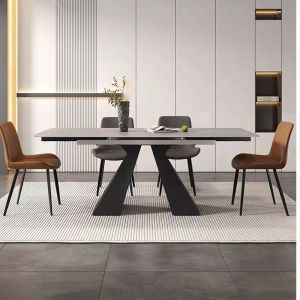 Rectangular Black Ceramic Extending Dining Table , Marble Metal Base Dining