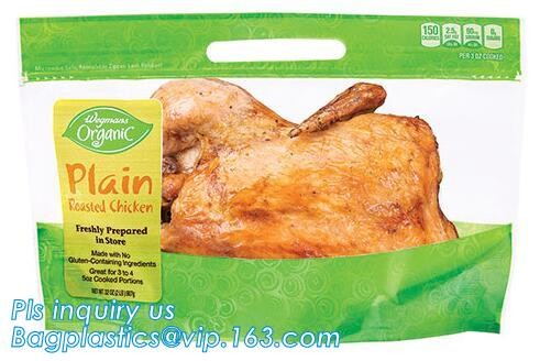 Quality chicken plastic bags for hot roast chicken packaging,with handle and zipper,anti-fogging, Turkey chicken roasted plastic for sale