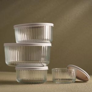 China Lightweight Striped Borosilicate Glass Food Container With Simply Store PE Lid on sale