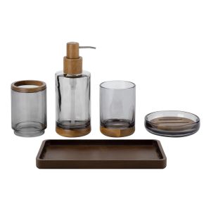 Buy cheap Glass Bathroom Sets Bath Kits Smoke Color Round Shape Wood Part Glass Bathroom Soap Dispenser from wholesalers