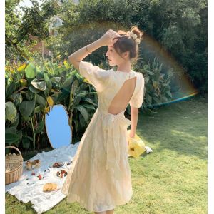 Buy cheap Back Tie Bow Waist Puff Sleeve A Line Dress from wholesalers