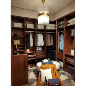 Custom Furniture Walnut wood Built Walk in Wardrobe Closet with Cloth display