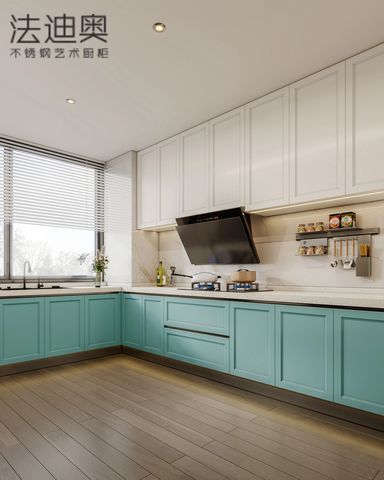 Fadior Stainless Steel Art Kitchen Cabinet - Turquoise & White Tone, L-Shaped Layout, Premium Hardware & Custom Storage