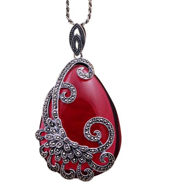 925 Silver Drop Shape Synthetic Garnet Marcasite Retro Pendant Necklace (N20180410RED)