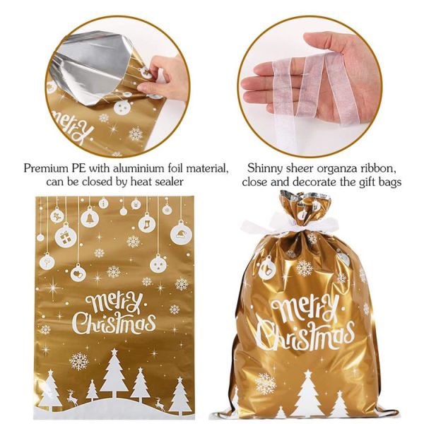Christmas Xmas Presents Party Favor Foil Drawstring Gift Bags For Goodies