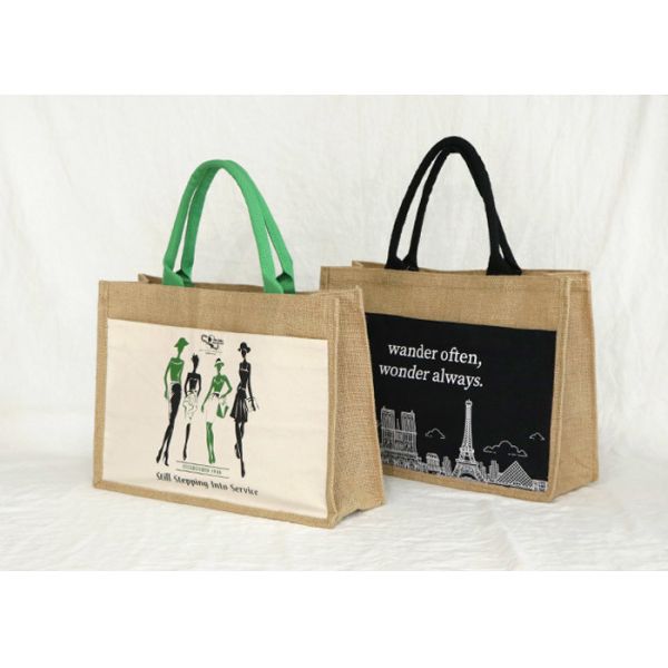 Black Cotton Fabric Outside Jute Tote Bag 45 x 38 x 18cm With White Logo
