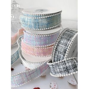 25mm Polyester Ribbon Lattice Plaid Ribbon Pearl Edge OEM ODM