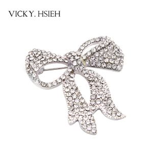 Buy cheap VICKY.HSIEH Rhodium Tone Clear Rhinestone Pave Bowknot Brooches from wholesalers