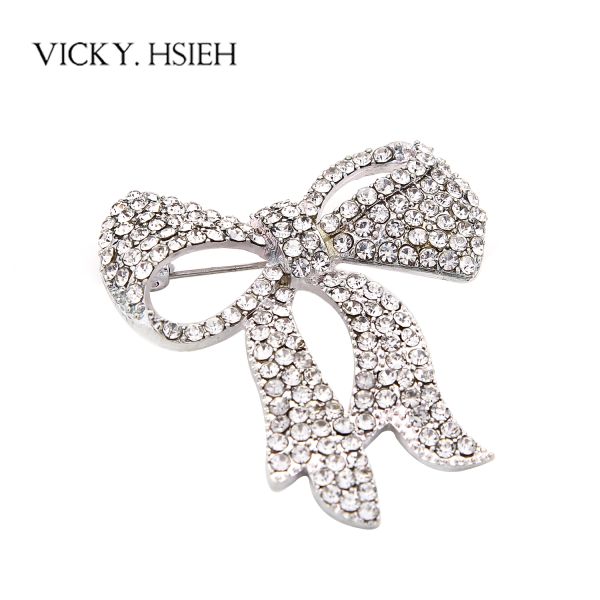 Quality VICKY.HSIEH Rhodium Tone Clear Rhinestone Pave Bowknot Brooches for sale