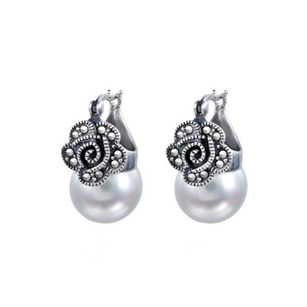 Quality Vintage Silver Marcasite Drop Earrings with White Simulated Shell Pearl (E12141) for sale