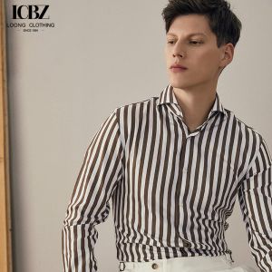 Buy cheap Men's Business Formal Brown Striped Long-Sleeved Shirt with Single Breasted Closure from wholesalers