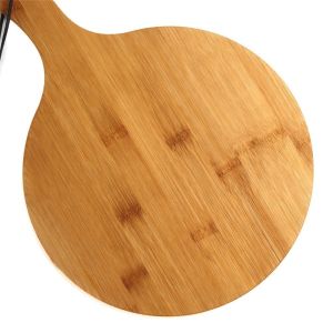 round wooden pizza peel with groove and handle