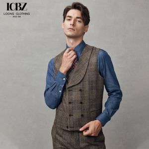 Spring Gentleman Brown Tweed Wool Silk Men's Vest with Double-Breasted Regular