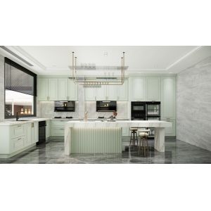 Buy cheap Elegant U-Shaped Mint Green Modern Kitchen Cabinet With Quartz Island from wholesalers