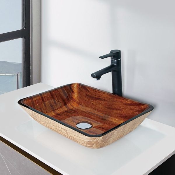 Quality Rectangular OEM Bathroom Wash Basins Bark Brown Handmade Tempered Glass Vessel Sink for sale