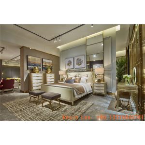 China Light luxury bedroom furniture by Stainless steel decoration King Bed with Upholstered headboard and Beck Nightstand on sale