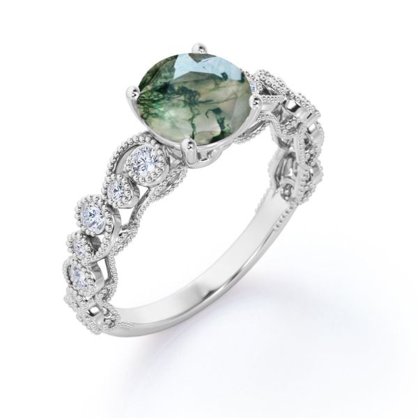 Quality Milgrain Filigree Flush Round Genuine Druzy Moss Green Agate And Moissanite 4 Prong Antique Style Engagement Ring for sale