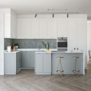 Buy cheap White Wooden L Shape Modular Kitchen Cabinets With Island from wholesalers