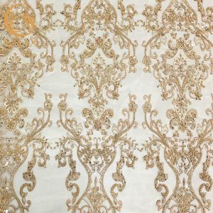 Buy cheap Polyester Gold Beaded Embroidery Lace Fabric For Home Textile from wholesalers