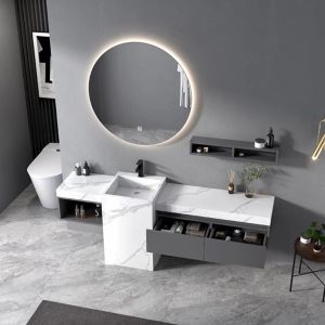 Buy cheap Modern Sintered Stone Slate Freestanding Pedestal Wash Basin Cabinet Set Bathroom Vanities from wholesalers