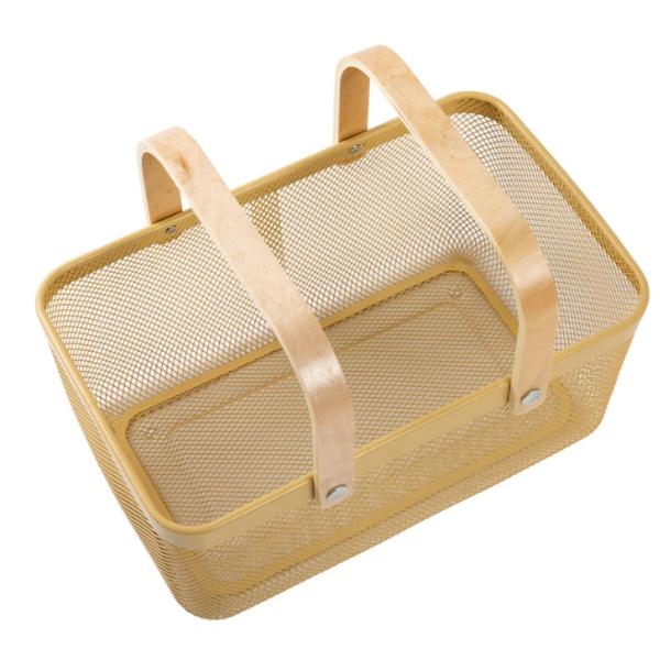 Rectangular Rustproof 750g Metal Wire Fruit Basket With Wood Handle