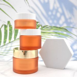 Buy cheap Gold Amber Cream Frosted Plastic Jars With Aluminium Anodized Caps from wholesalers