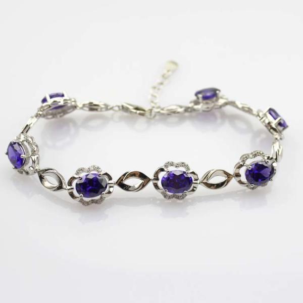 Quality 925 Silver 6x8mm Oval Created Amethyst and Clear Cz Diamonds Link Bracelet (H03) for sale