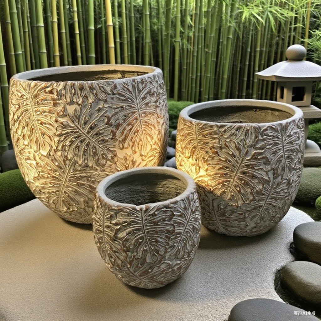 Buy cheap Monstera Leaf Design Pattern Grey Round GRC Pot Rooftop Gardens Landscaping Project from wholesalers