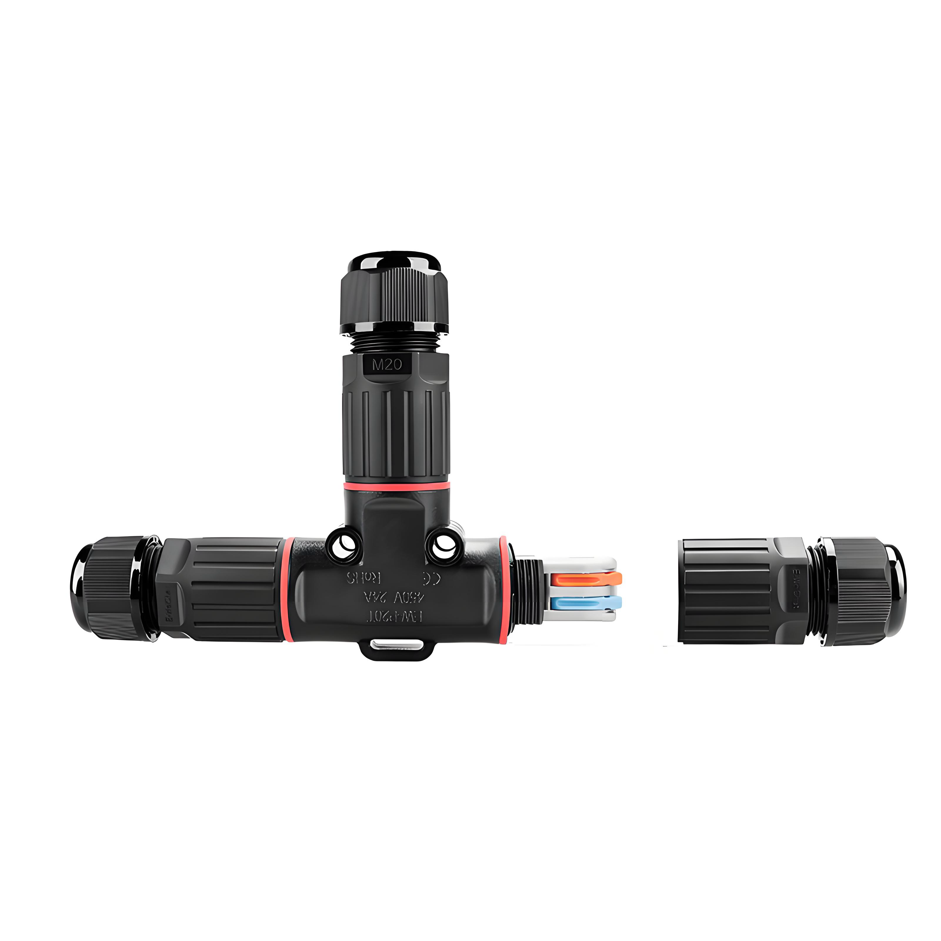 China Waterproof Circular Connector T-Type 1 Input 2 Output with PA66 Material and 0.5mm²-2.5mm² Wire Gauge on sale