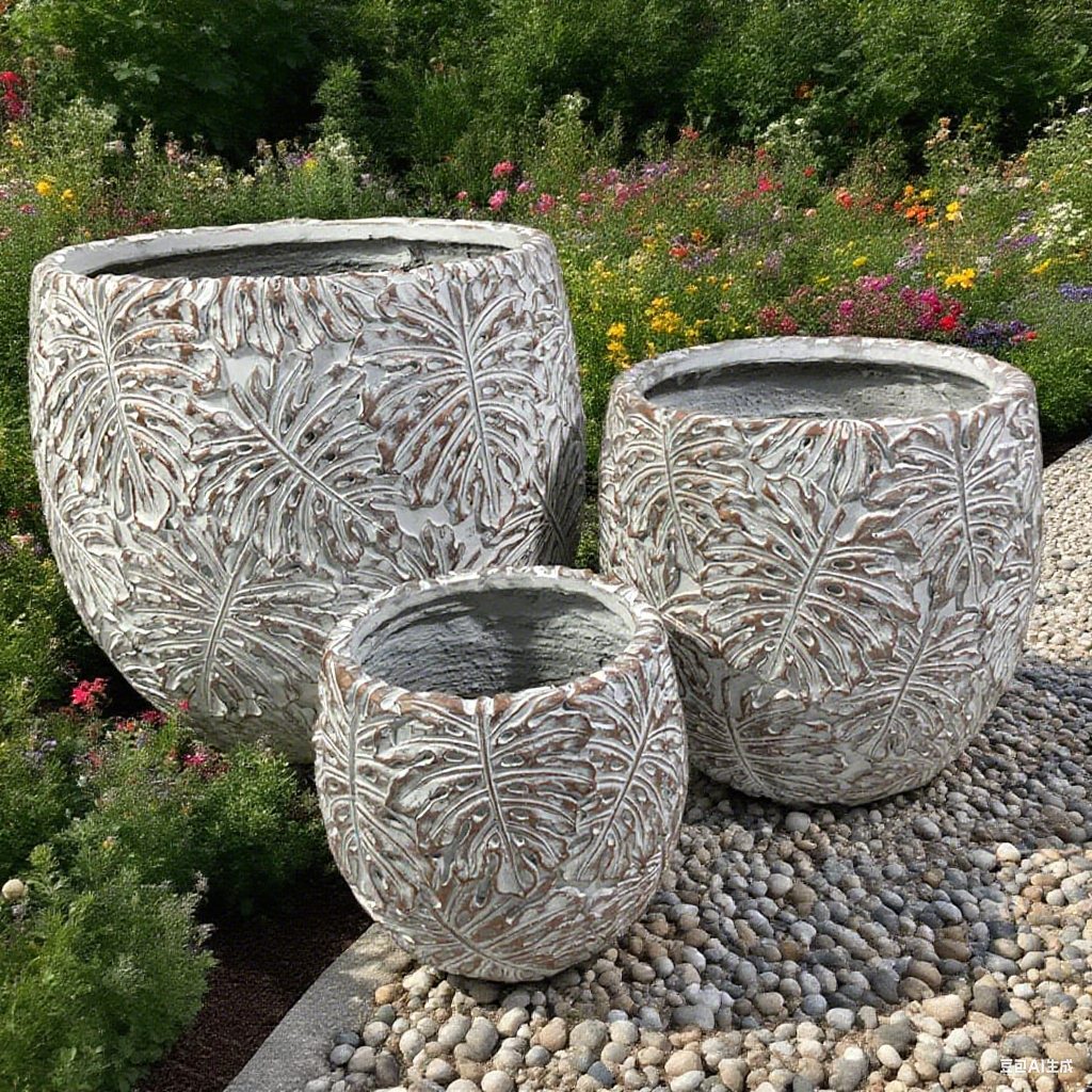 Buy cheap Monstera Leaf Design Pattern Grey Round GRC Pot Rooftop Gardens Landscaping Project from wholesalers