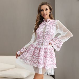 Buy cheap Polyester Embroidered Lace Dresses Breathable Long Sleeve Mesh Lace Dress from wholesalers