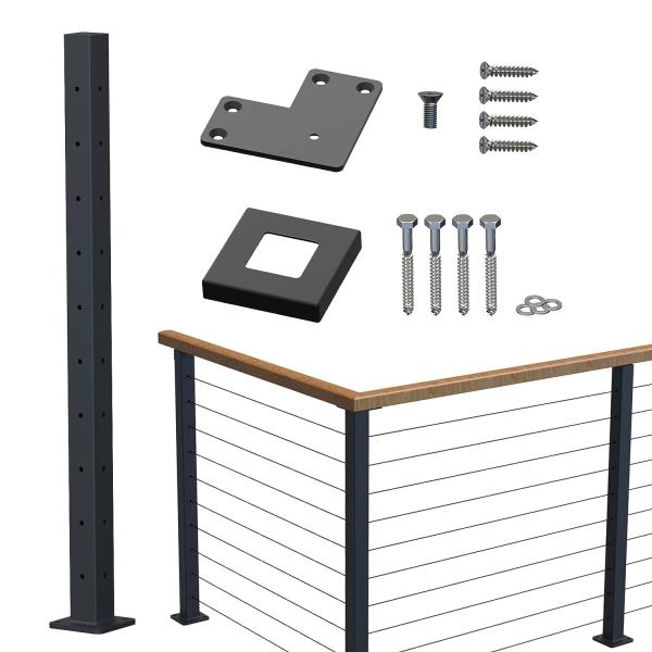 Cable Railing Post 36"x2"x2" Steel Square Corner Post Pre-Drilled Wood Deck
