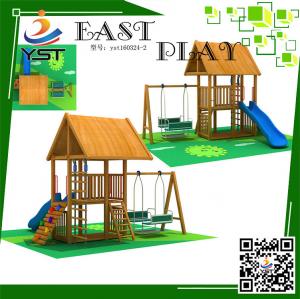 China CE Certificated Wooden Playground Equipment , Wooden Swing And Slide Set on sale