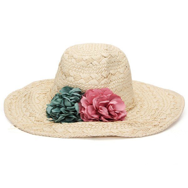Quality Flower Elegant Floppy Straw Beach Hat Woven Tree Patterns Available for sale