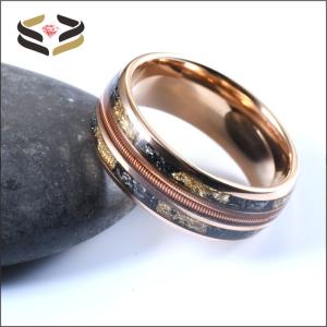 Buy cheap Men'S Tungsten Wedding Band Ring 8mm Rose Gold Plating with Triple Channel Guitar String Meteorite Gold Foil Inlay from wholesalers