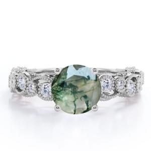 Buy cheap Milgrain Filigree Flush Round Genuine Druzy Moss Green Agate And Moissanite 4 Prong Antique Style Engagement Ring from wholesalers