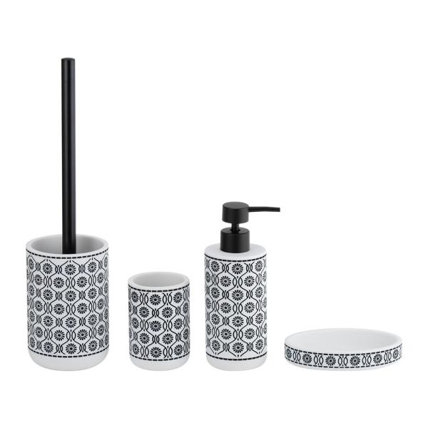 Quality Polyresin Bathroom Accessories Set Round Shape White Color With Black Vintage Pattern Polyresin Soap Dispenser Soap Dish For Bathroom for sale