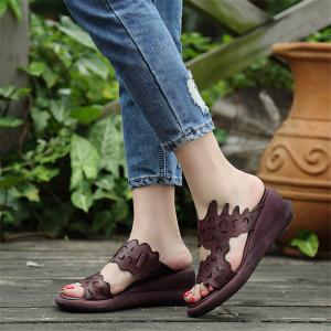 Buy cheap S012 Handmade original first layer leather fish mouth wedge heel women's sandals retro style thick-soled soft leather wo from wholesalers