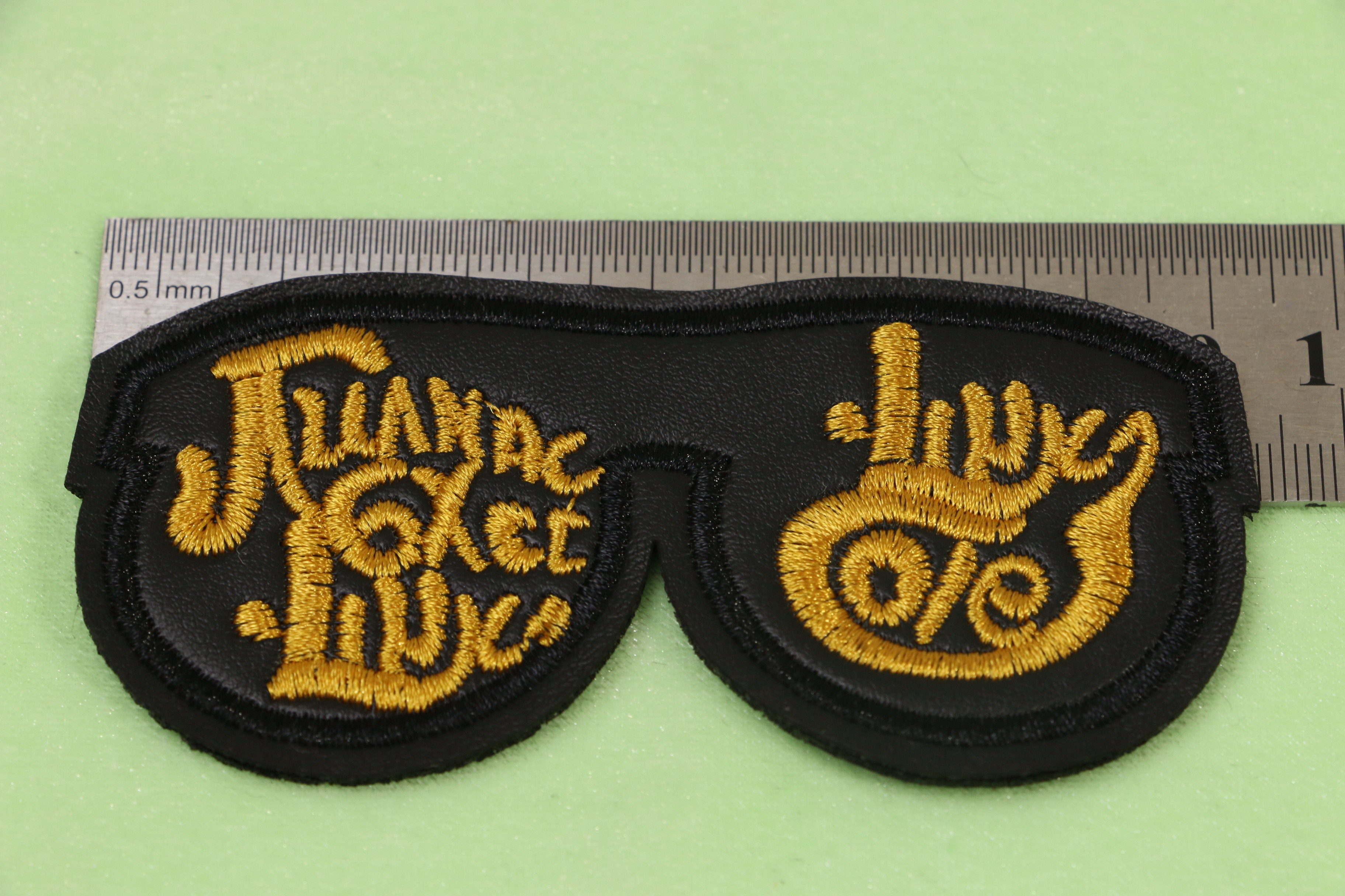 China Black Faux Leather Glasses Shape Embroidery Patch With Gold Metallic Threads on sale