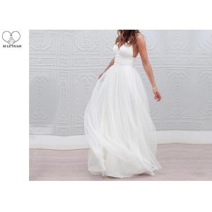 Buy cheap Sling Backless A Line Bridal Gowns Off White Deep V Neck Tulle Sweep Train from wholesalers
