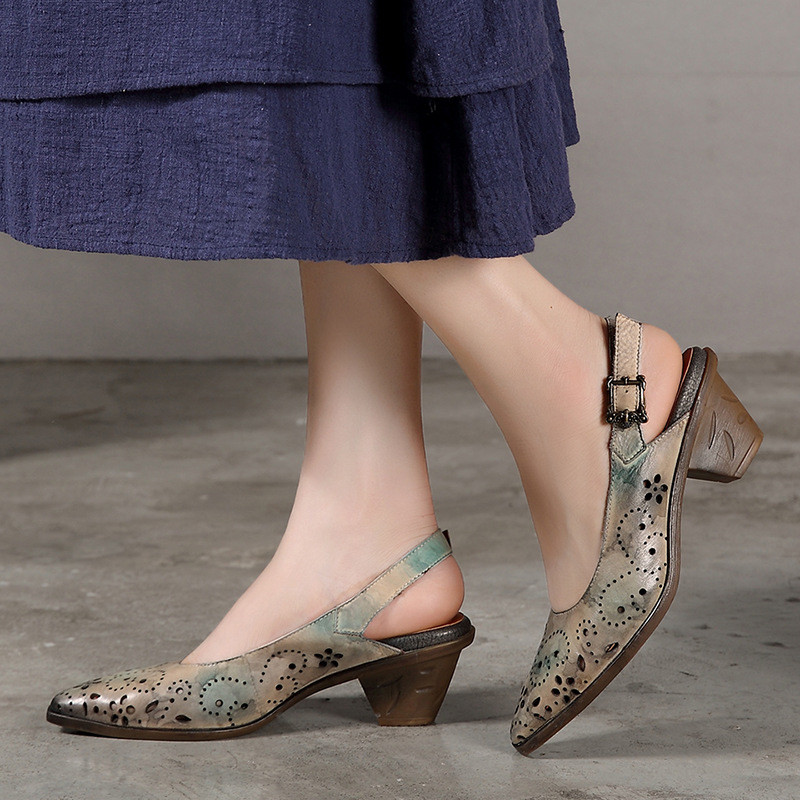 S350 Handmade Gradient Color Leather Square Heel Fashion All-Match Women'S Shoes