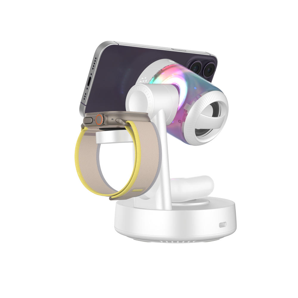 Buy cheap Qi2.2 All in one Wireless charger Cell Phone Stand with Bluetooth Speaker, Colorful LED Lights from wholesalers