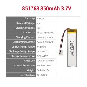 Buy cheap High Capacity 851768 3.7V 850mAh 1S1P Battery Manufactory Lithium Ion Polymer KC Customized Rechargeable Battery from wholesalers