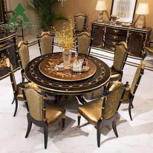 Buy cheap Deluxe Dining Room Set Classical Antique Wooden Round Dining Table With Turntable from wholesalers
