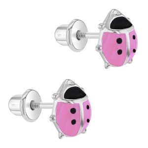 Buy cheap 925 Sterling Silver 8mm Pink and Black Enamel Ladybug Stud Earrings for Baby Girls with Screw Back from wholesalers