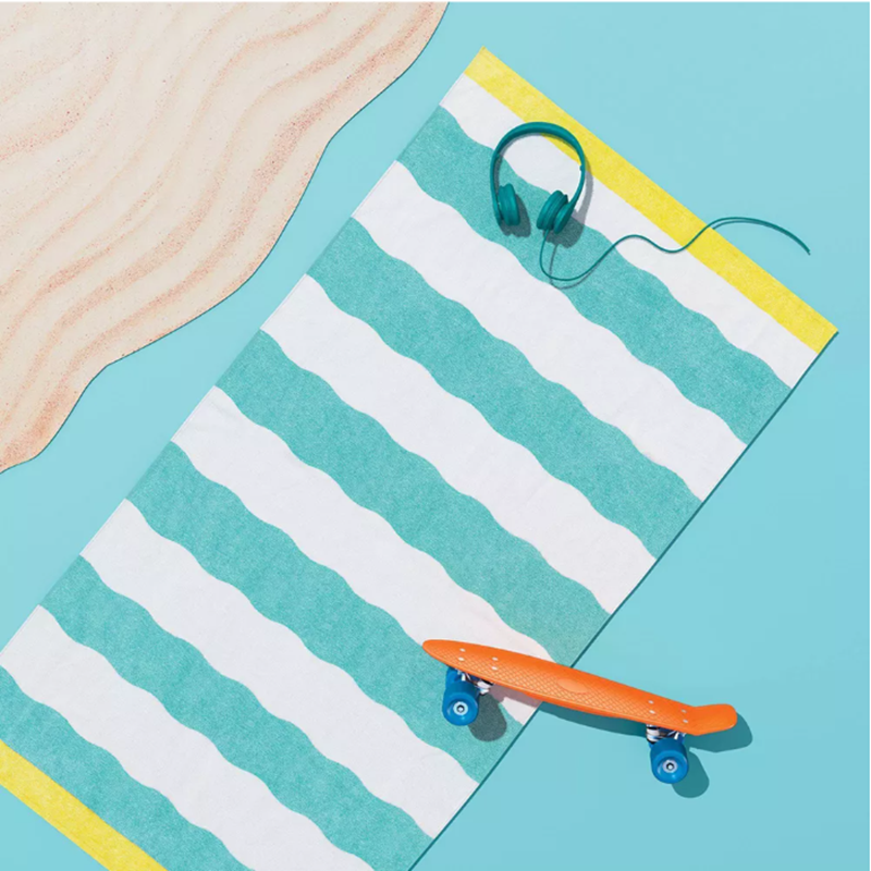 Wavy Stripe Beach Towel with Velour and Reactive Printing for Stylish Poolside