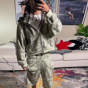 Buy cheap Custom Rhinestone Tracksuits Zip up 500 GSM Two Piece Boxy Cropped Hoodie Suit Sweatsuit Hoodies and Sweat Shorts Set for Men from wholesalers