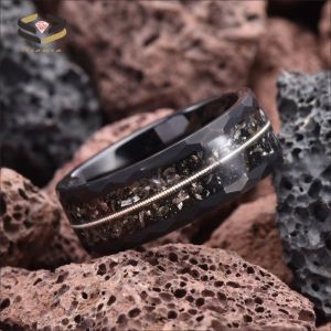 Mens Black Tungsten Meteorite Inlay Wedding Band 8mm With Geometric Diamond